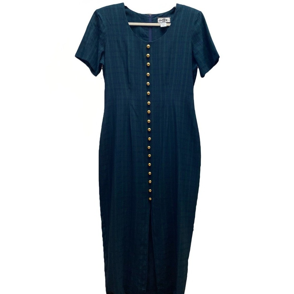 VTG Navy Green‎ Scotch Plaid 90's Midi Dress Shoulder Pads 7/8 Gold Buttons